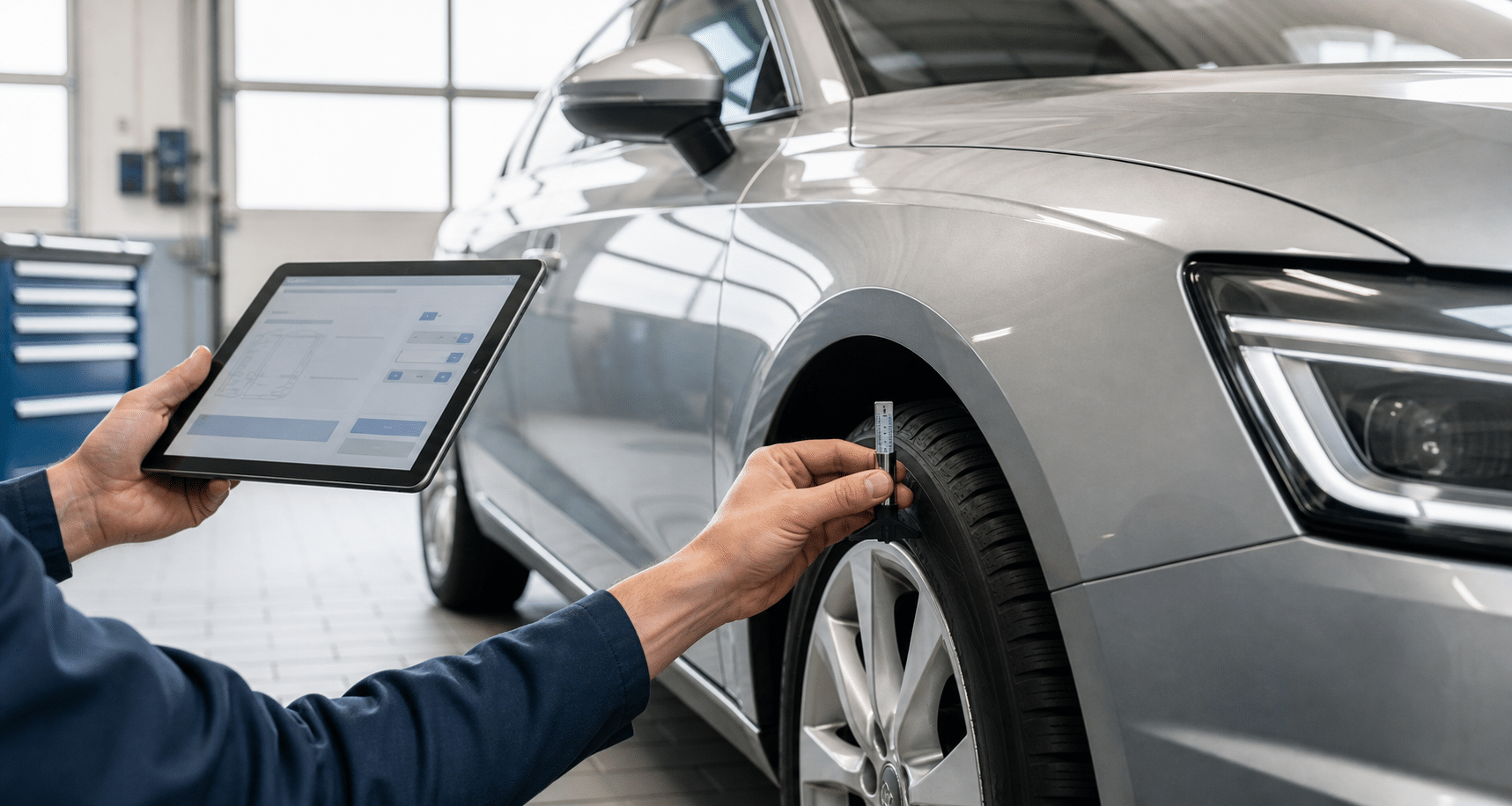 Kfz-Sachverständiger prüft Reifen und Fahrzeugzustand mit Messgerät und Tablet