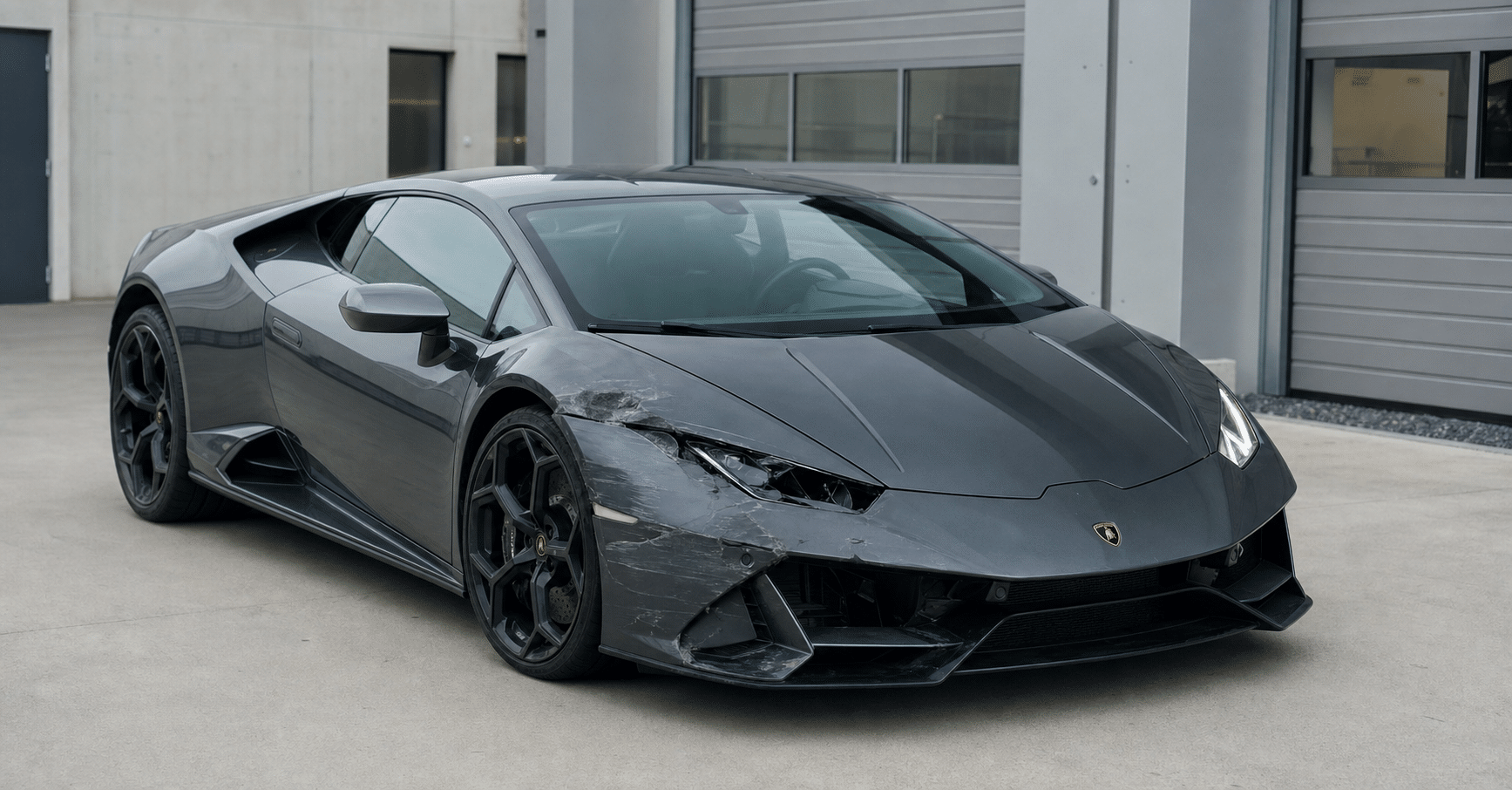 Dunkler Lamborghini mit Unfallschaden an Front und Kotflügel vor einer Begutachtung