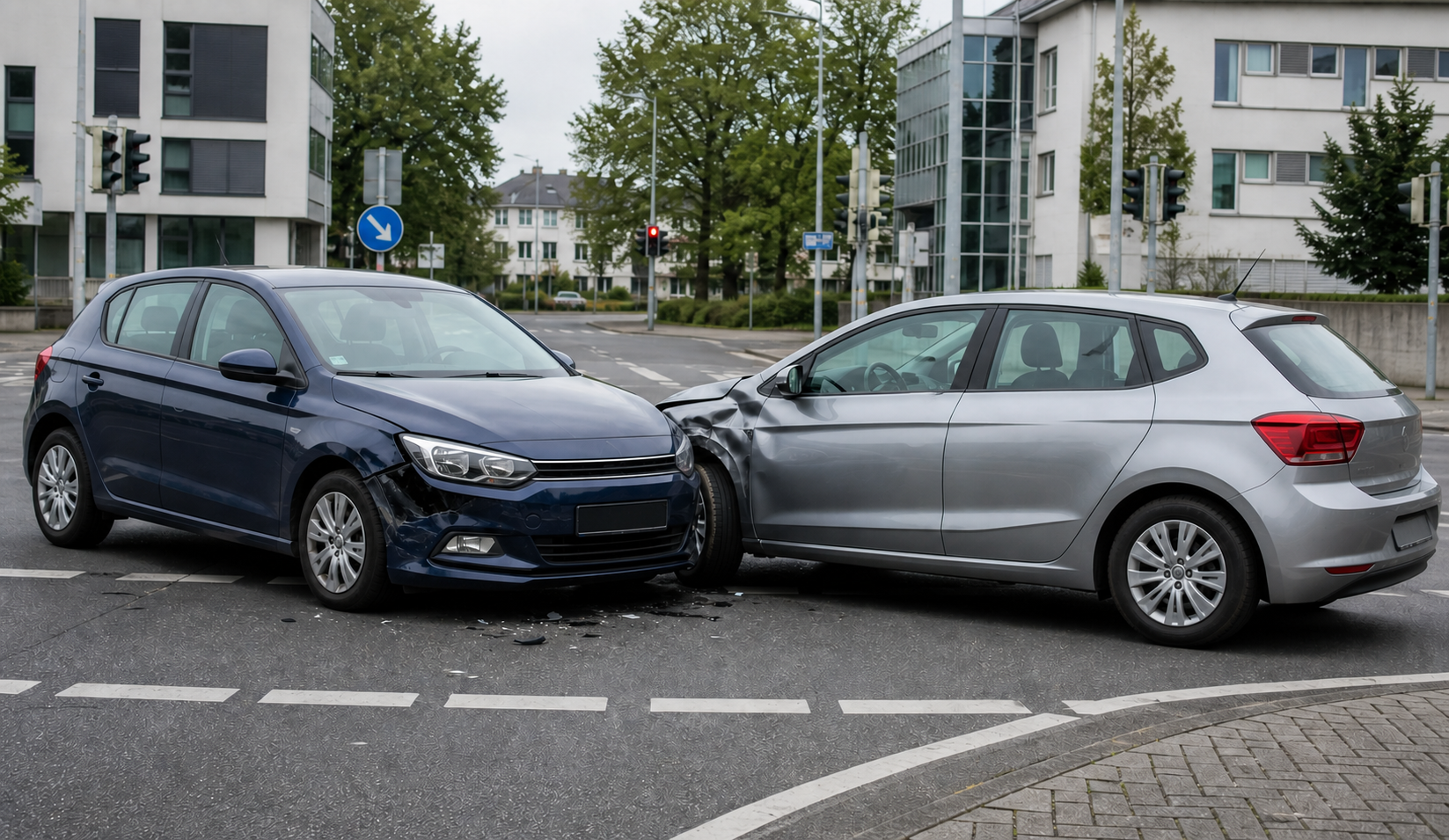 Zwei beschädigte Fahrzeuge nach einem Verkehrsunfall an einer Kreuzung in Duisburg